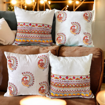 Madhubani Peacock Print Handblock Cotton Cushion Covers (Set of 4)