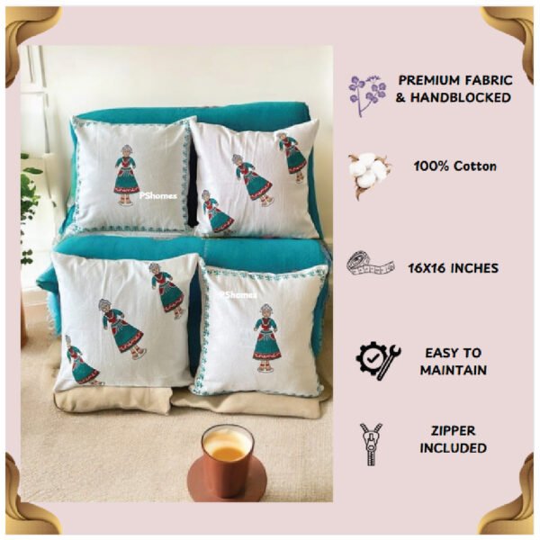 Handblock Traditional Doll Print Cotton Cushion Covers (Set of 4) - Image 4
