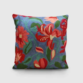 Bluish Grey Lilly Embroidered Cushion Cover