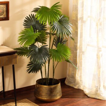 Faux Fan Palm Plant with Black Plastic Pot