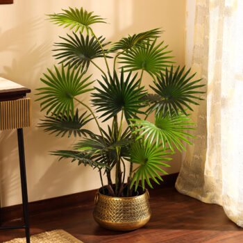 Faux Fan Palm Plant with Black Plastic Pot