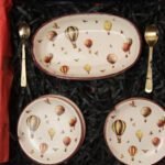 Luxury Stoneware Oval Serving Tray & Tea Plate Set with Pure Brass Spoons – Hot Air Balloon Print Snack & Dessert Plate Gift Set