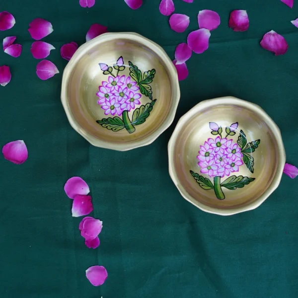 Handpainted Gulabi Bloom Brass Bowl - Image 2