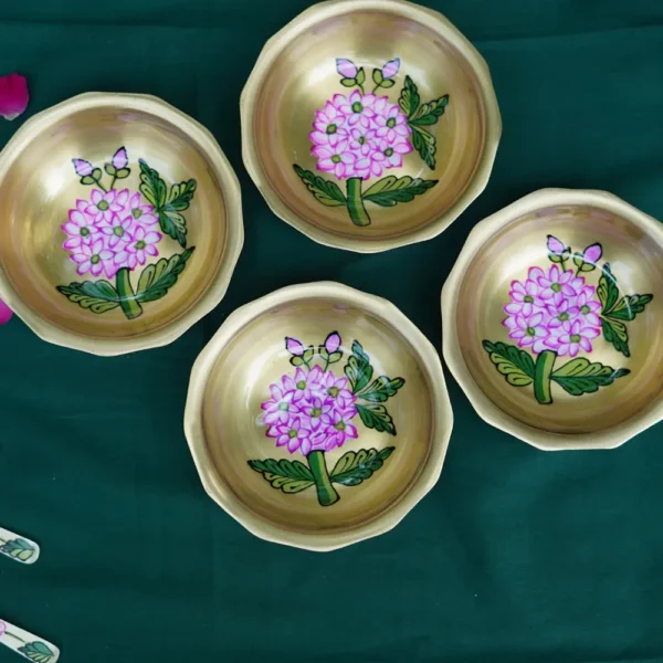 Handpainted Gulabi Bloom Brass Bowl - Image 3
