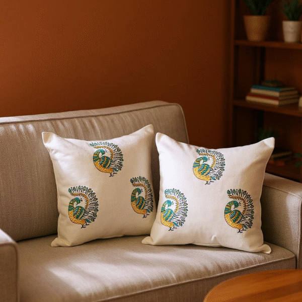 Blue Peacock Handblock Print Cushion Cover (Set of 2)
