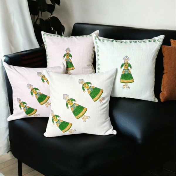 Green Doll Handblock Print Cushion Cover (Set of 4)