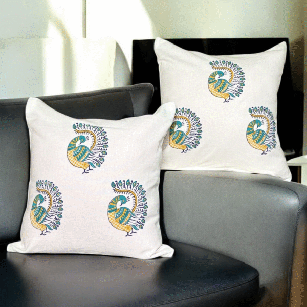 Blue Peacock Handblock Print Cushion Cover (Set of 2) - Image 2