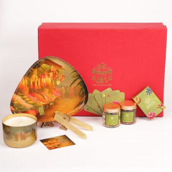 Luxury Festive Gift Box (Brass Finish Platter, Soy Wax Candle, Dry Fruits, Mukhwas, Brass Tong & Designer Playing Cards)