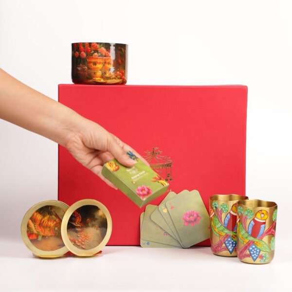 Festive Gift Box (Traditional Pure Brass Tumblers, Brass Coasters, Soy Wax Candle & Playing Cards)