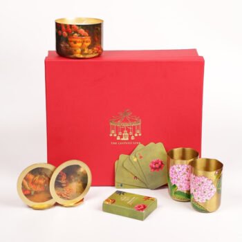 Festive Indian Gift Hamper (Pure Brass Tumbler Set of 2, Brass Coasters, Soy Candle & Playing Cards)