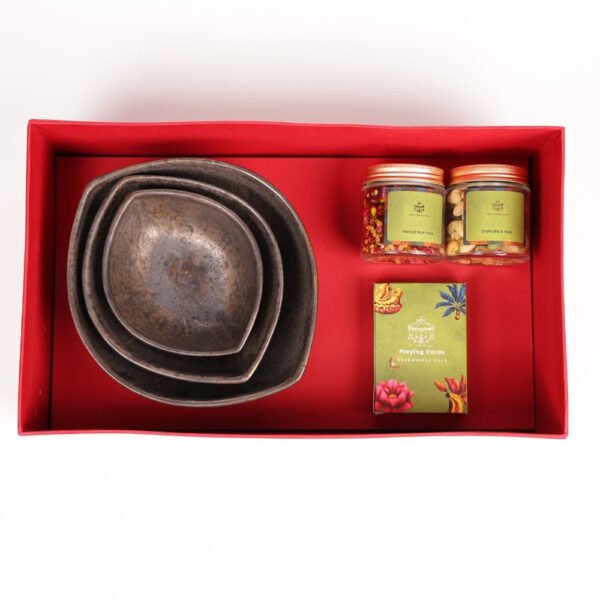 Luxury Festive Gift Box (Brass Finish Nut Bowls, Dry Fruits, Mukhwas & Playing Cards) - Image 2