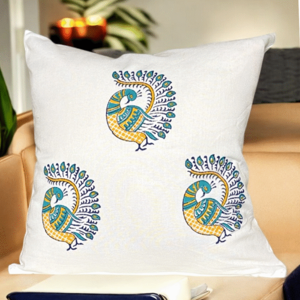 Blue Peacock Handblock Print Cushion Cover (Set of 2) - Image 3