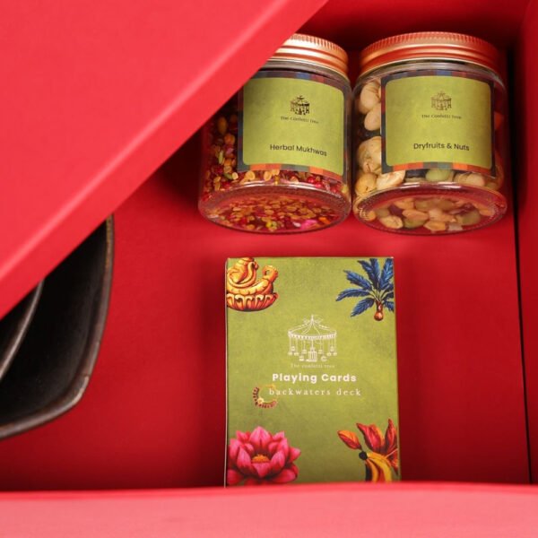 Luxury Festive Gift Box (Brass Finish Nut Bowls, Dry Fruits, Mukhwas & Playing Cards) - Image 3