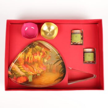 Premium Festive Gift Box (Brass Finish Platter, Pure Brass Diyas, Brass Tong, Dry Fruits & Mukhwas)