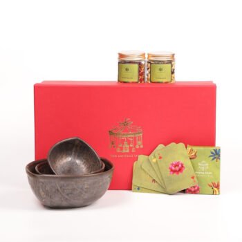 Luxury Festive Gift Box (Brass Finish Nut Bowls, Dry Fruits, Mukhwas & Playing Cards)