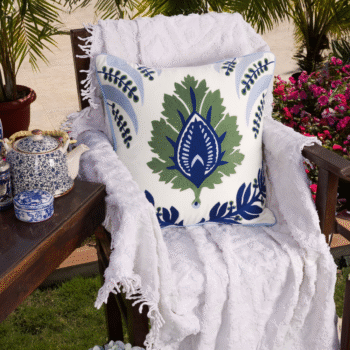 Hampton Style Multi Embroidered Green & Blue Chinar Leaf Cushion Cover