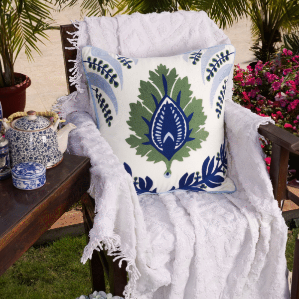 Hampton Style Multi Embroidered Green & Blue Chinar Leaf Cushion Cover