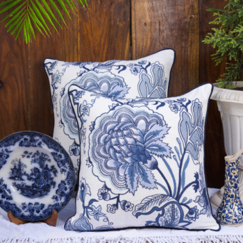 Hamptons Style Multi Embroidered Blue Blossom Cushion Cover