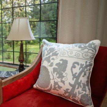 Country Style Crewel Embroidered Grey & White Soft Saga Cushion Cover