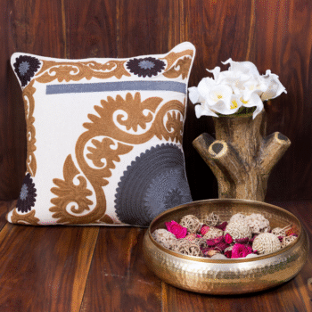 Suzani Style Crewel Embroidered Brown and Grey Tashkent Cushion Cover