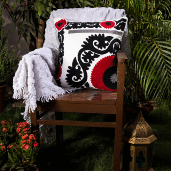 Suzani Style Crewel Embroidered Black and Red Tashkent Cushion Cover