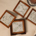 Whispering Blooms Handcrafted Wooden + Glass Coasters (Set of 4 + Case)