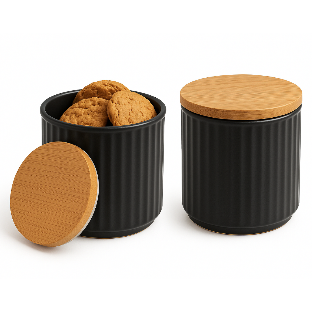 Black Storage Containers with Bamboo Lid Set of 2