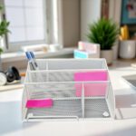 White Mesh Stationery Desk Organiser for Office Workspace