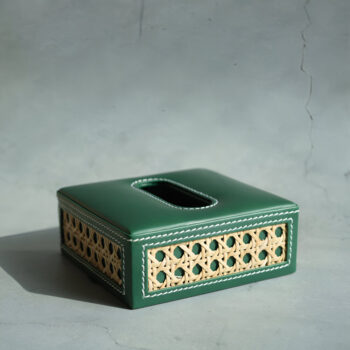 Emerald Green PU Leather Rattan Tissue Box Square