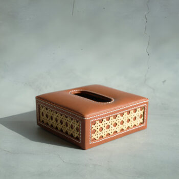 Tan Brown PU Leather Rattan Tissue Box Square