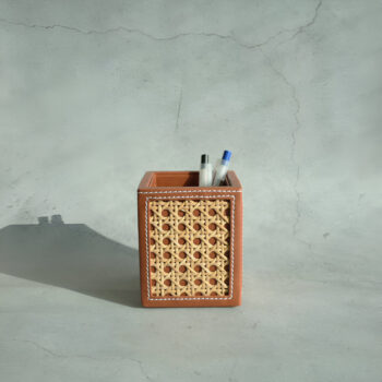 Tan Brown PU Leather Rattan Stationery Holder