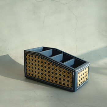 Steel Blue PU Leather Rattan Remote Control Organiser