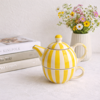 Yellow & White Handmade Ceramic Striped Tea Pot and Cup Set