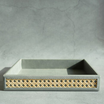 Stone Gray PU Leather Rattan Medium Serving Tray