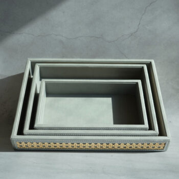 Stone Gray PU Leather Rattan Large Serving Tray