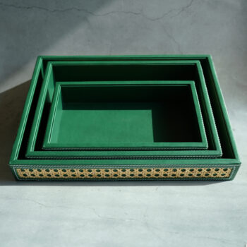 Emerald Green PU Leather Rattan Medium Serving Tray
