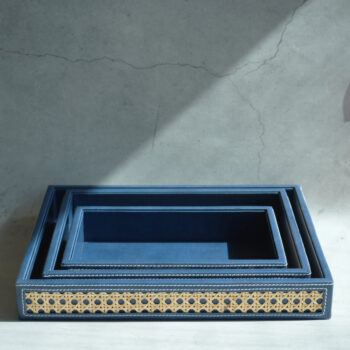Steel Blue PU Leather Rattan Medium Serving Tray