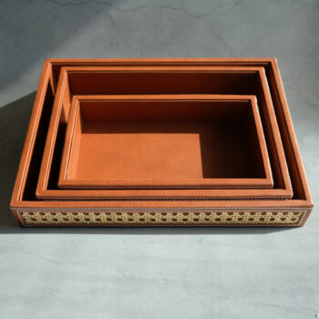 Tan Brown PU Leather Rattan Medium Serving Tray