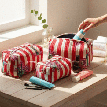 Red Strips Palm 3 Piece Quilted Cotton Travel Pouch Set