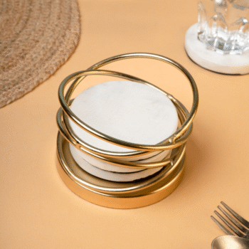 White Marble Coaster Set with Gold Stand