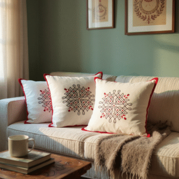 Hand Block Printed with Yellow Border Pillow Covers (Set of 4)