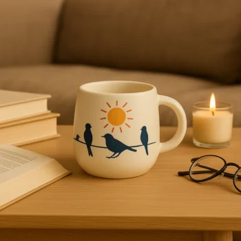 Golden Dawn Mug – Handcrafted Ceramic Mug with Sun & Birds on a Wire Illustration