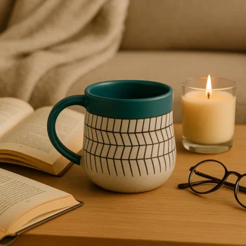 Sierra Stone Ceramic Mugs - Handcrafted Matte Glaze with Teal Rim