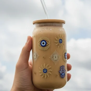 Evil Eye Glass Tumbler with Lid and Straw