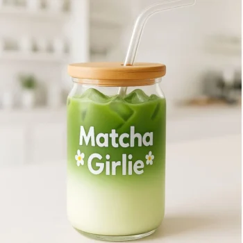 Matcha Girlie Glass Tumbler with Lid and Straw