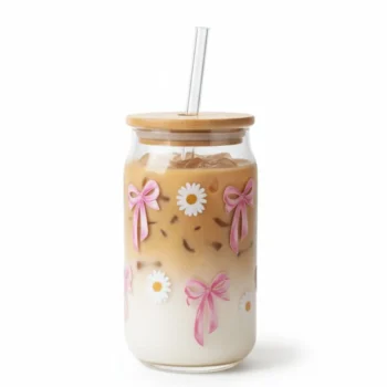 Bow and Daisy Glass Tumbler with Lid and Straw