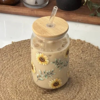 Sunflower Glass Tumbler with Lid and Straw