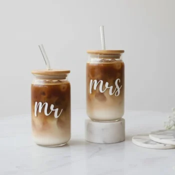 Mr and Mrs Glass Tumbler Set with Lid and Straw