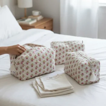 Pink Roses 3-Piece Quilted Cotton Travel Pouch Set