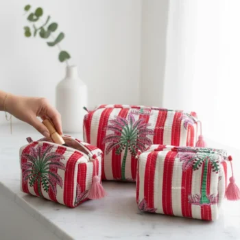 Red Stripes Palm 3-Piece Quilted Cotton Travel Pouch Set